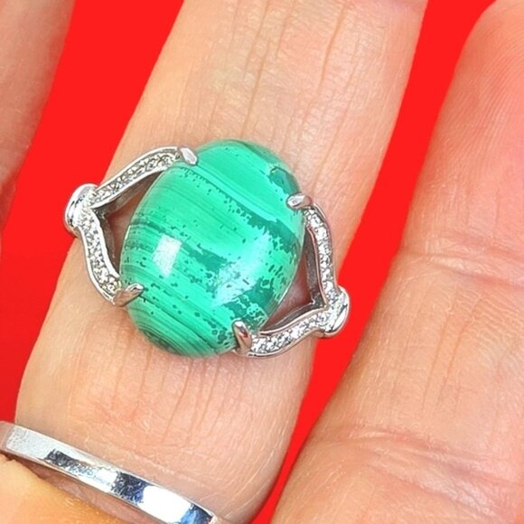 925 Sterling Silver Ring Sz 8.5 with Natural Malachite & CZ - Picture 2 of 13